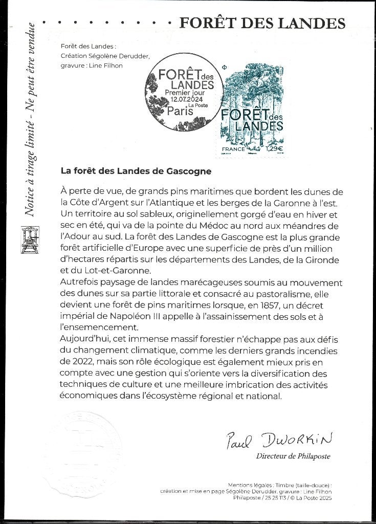 Jaar 2024 Forêt des Landes Notice philatélique à tirage limi, Ophalen of Verzenden, Postfris