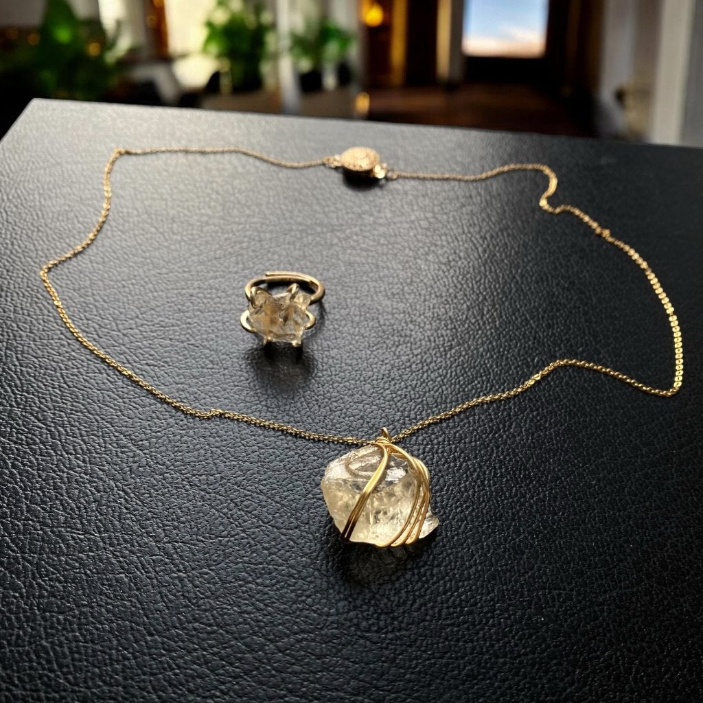 Citrien gele setje verguld 18k, Sieraden, Tassen en Uiterlijk, Kettingen, Geel, Nieuw, Ophalen of Verzenden, Steen of Mineraal