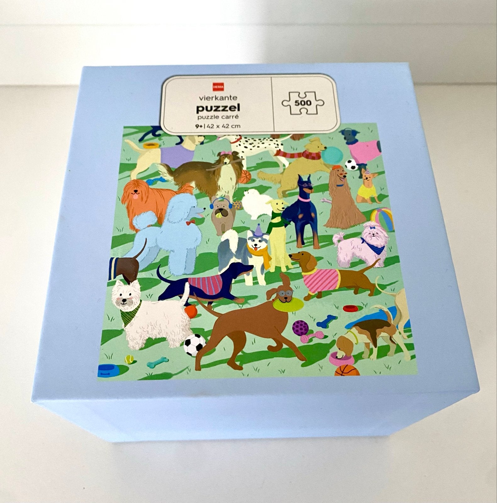 Hema vierkante puzzel 500 stukjes honden, Ophalen of Verzenden, 500 t/m 1500 stukjes, Zo goed als nieuw, Legpuzzel