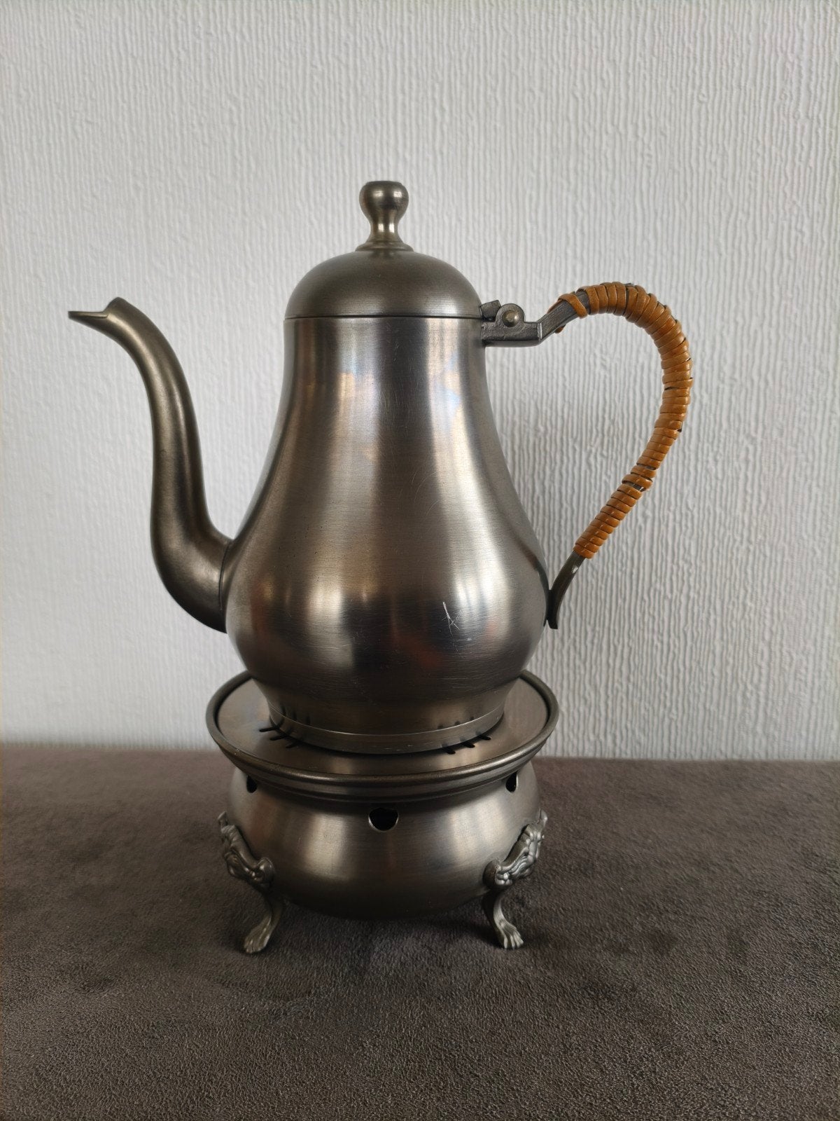 Tinnen theepot met warmte houder Geleria tin, vintage, Ophalen of Verzenden
