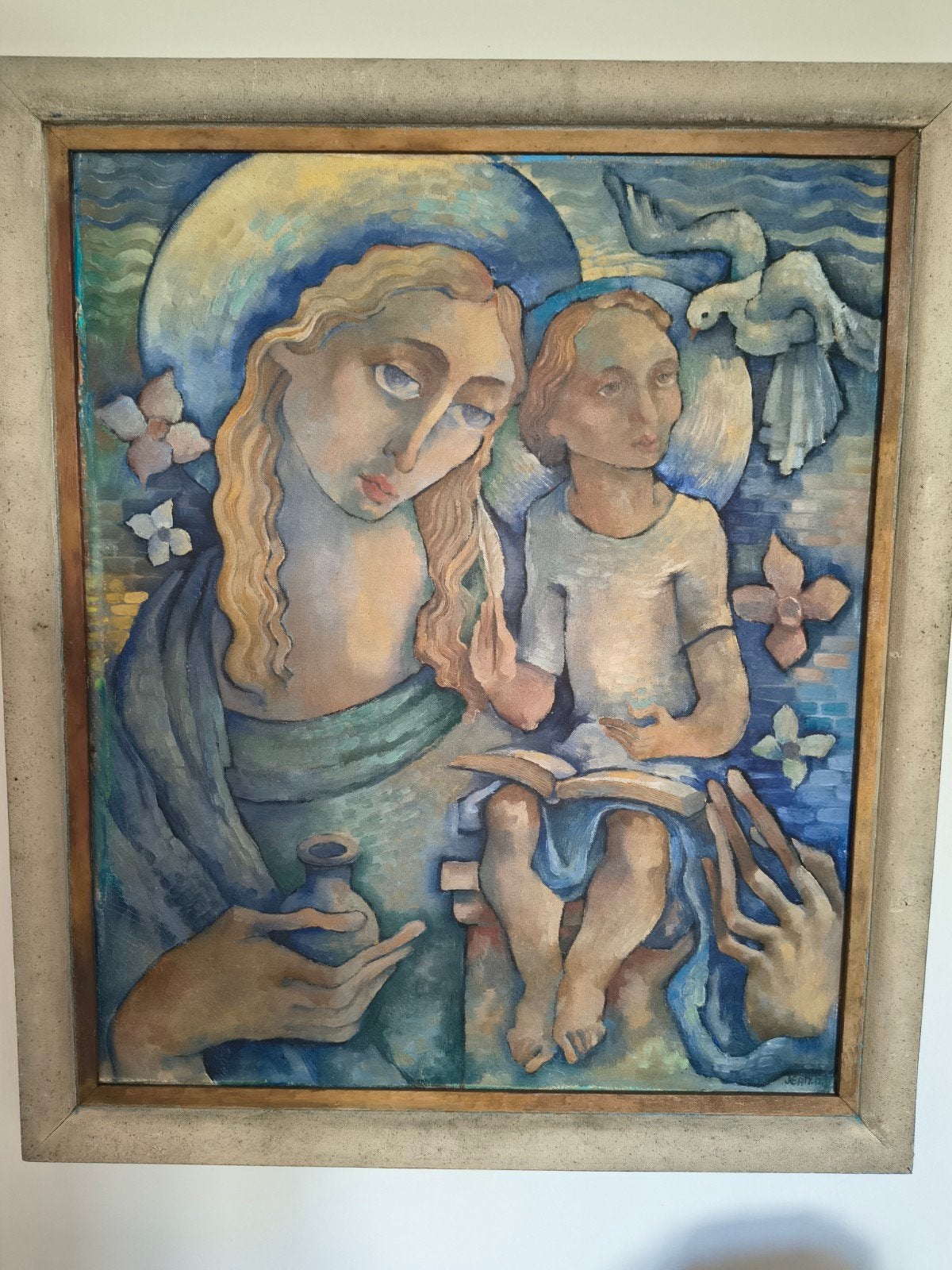 Jean Adams.Madonna met kind en duif. Olieverf op doek.  Geka, Ophalen of Verzenden