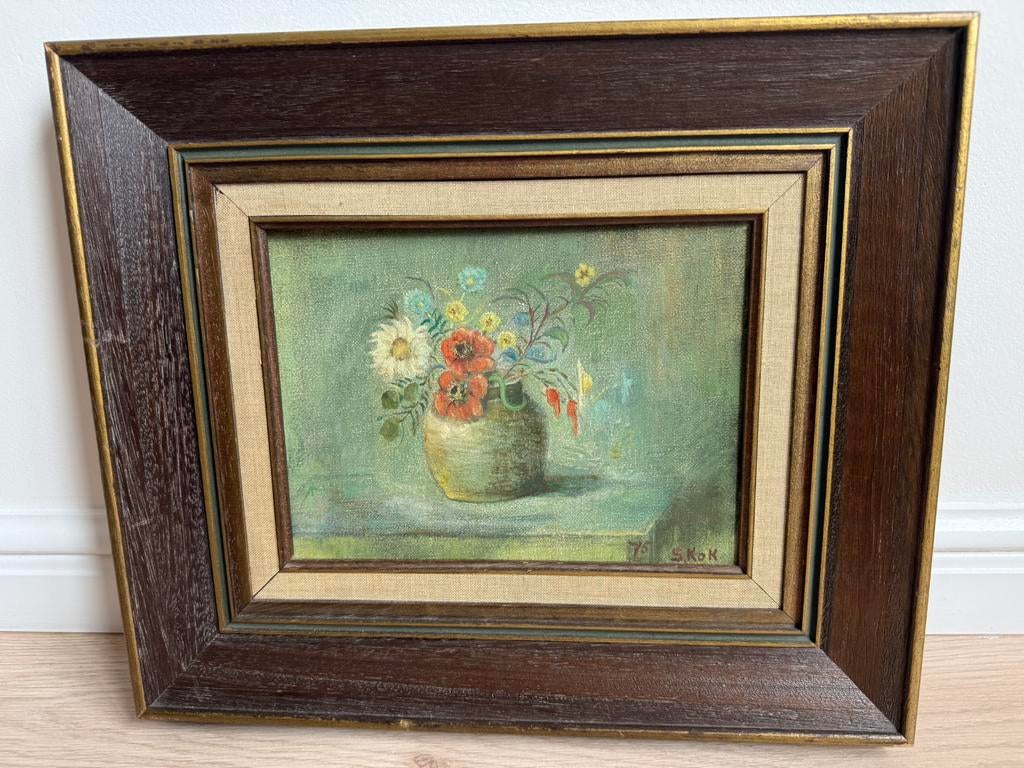 S Kok schilderij olieverf  - boeket bloemen in vaas, Antiek en Kunst, Kunst | Schilderijen | Klassiek, Ophalen