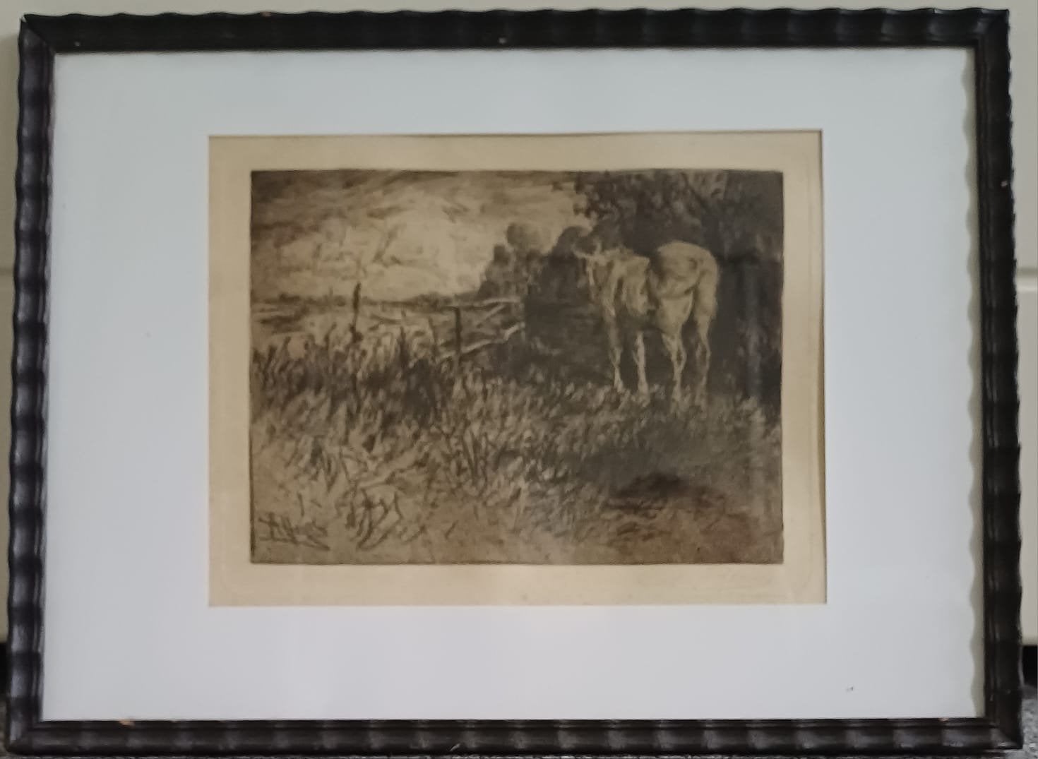 Ets van Armand Heins (Gent 1856-1936) - Landschap met paarde, Antiek en Kunst, 1800 - 1899, Ets, Ophalen of Verzenden, Gesigneerd
