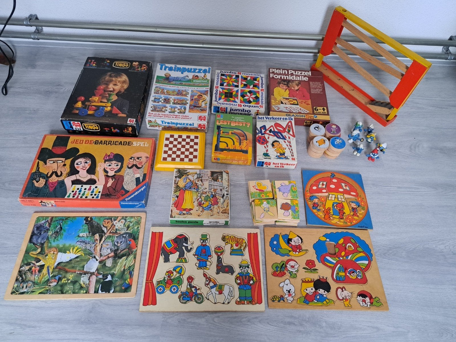 Pakket vintage spellen knikkerbaan smurfen houten puzzels, Gebruikt, Van hout, 4 tot 6 jaar, Meer dan 50 stukjes