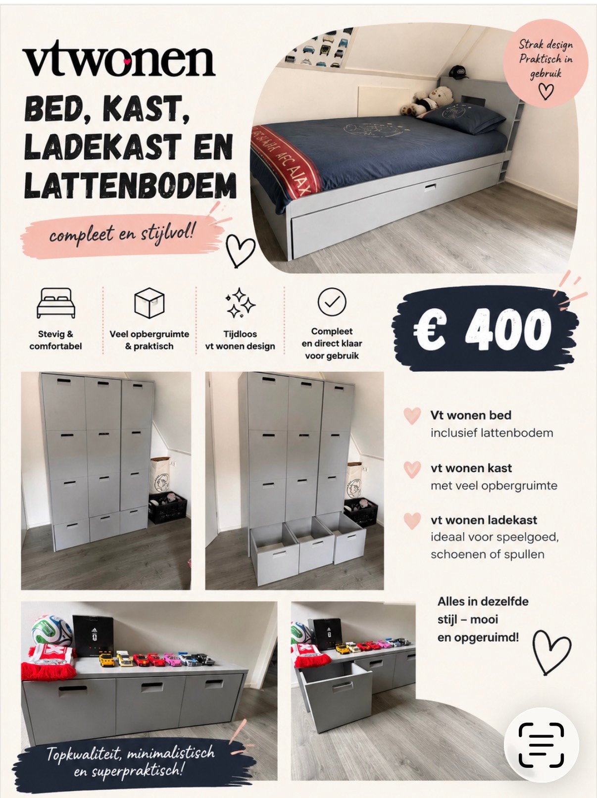 Mooi bed met lattenbodem en 2 kasten, Ophalen, Zo goed als nieuw, Eenpersoons