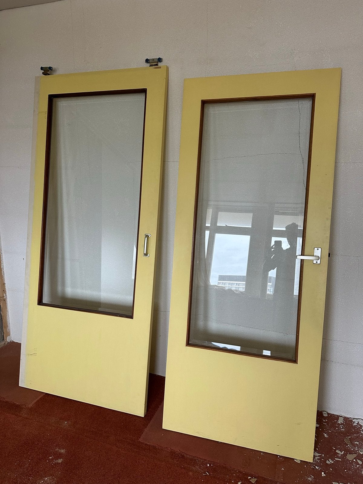 Set van 2 gele binnendeuren met glas en schuifsysteem, Ophalen, Gebruikt, 80 tot 100 cm, Binnendeur