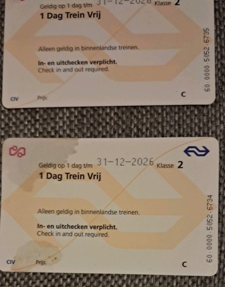 2 nieuwe dag kaarten van de Ned.sp. geldig t/m 31-12-2026, Tickets en Kaartjes, Trein, Bus en Vliegtuig, Eén persoon, Trein, Algemeen kaartje