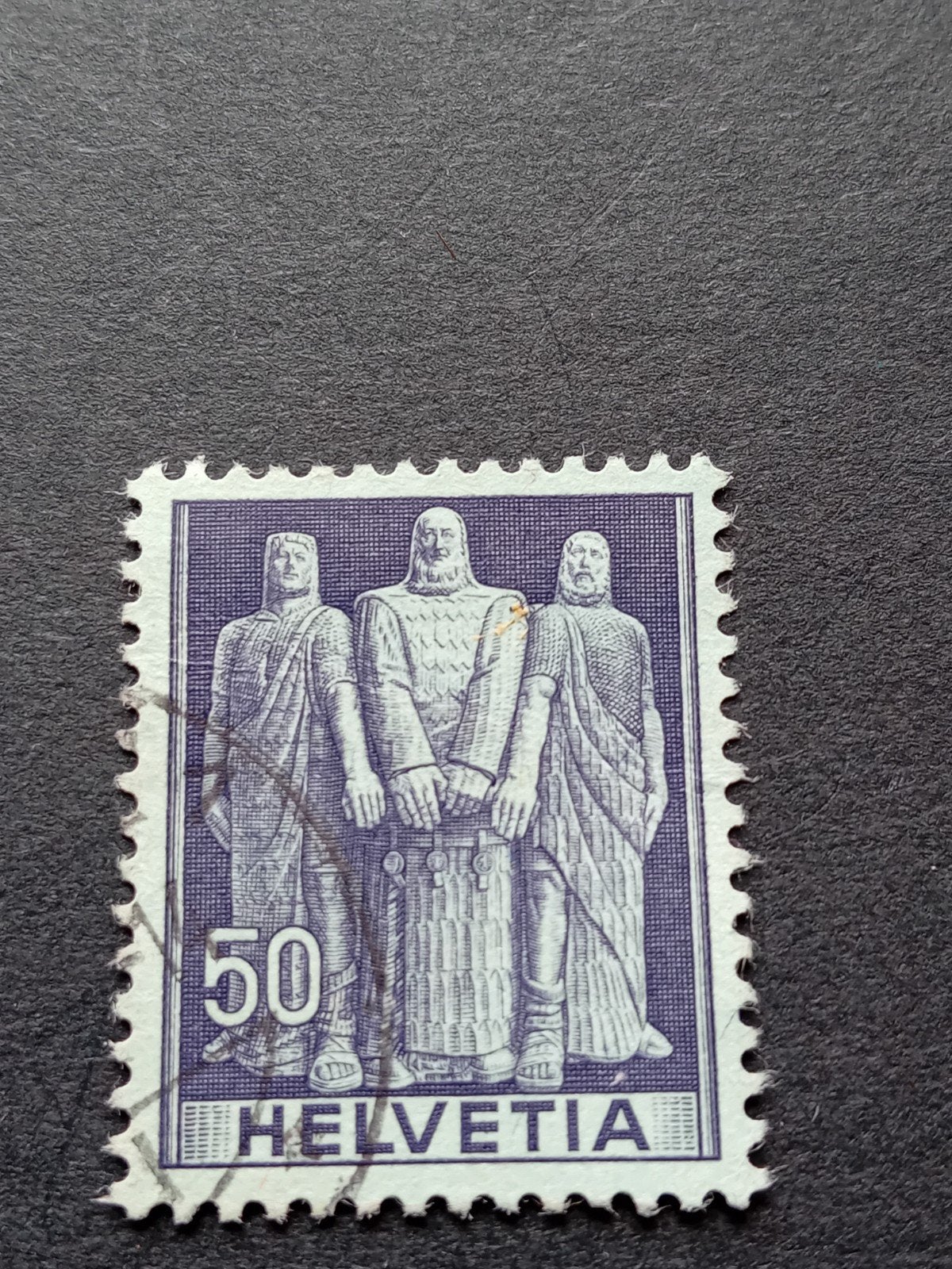 Helvetia 50 cent postzegel met drie figuren, Ophalen of Verzenden, Na 1940, Gestempeld