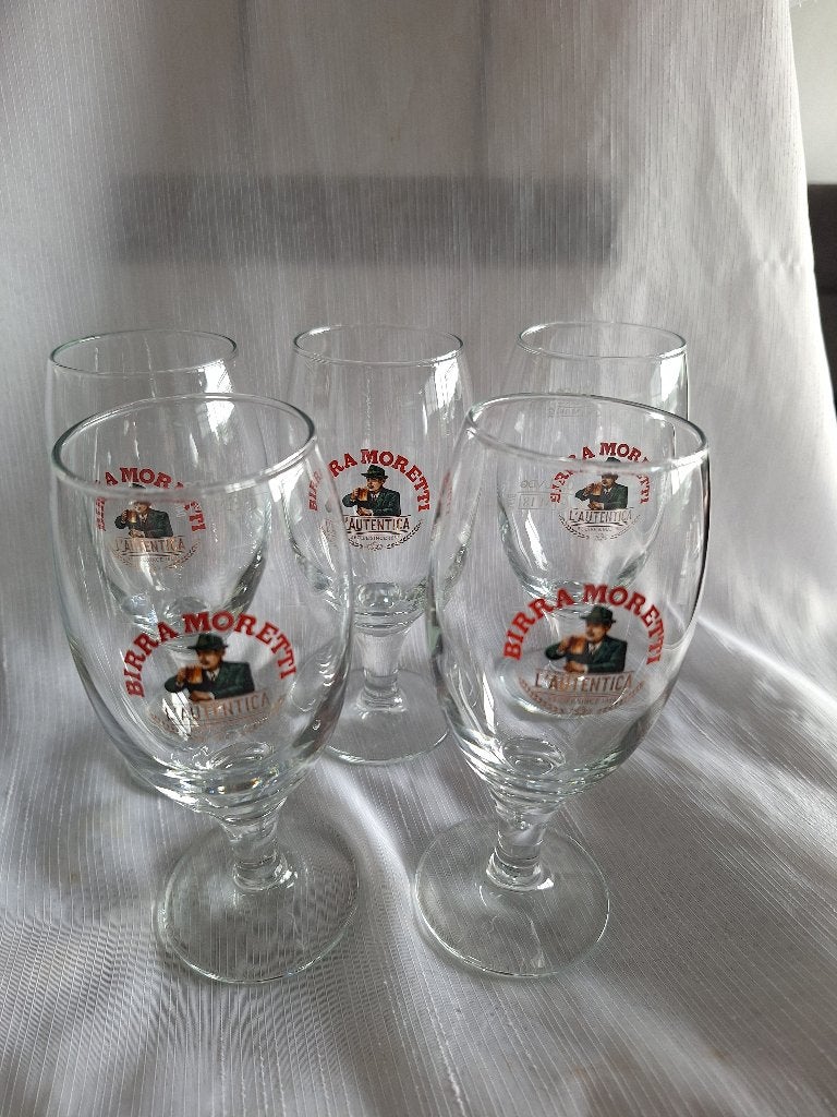 BIRRA MORETTI L'AUTENTICA glazen 5 stuks, Ophalen of Verzenden, Zo goed als nieuw, Bierglas