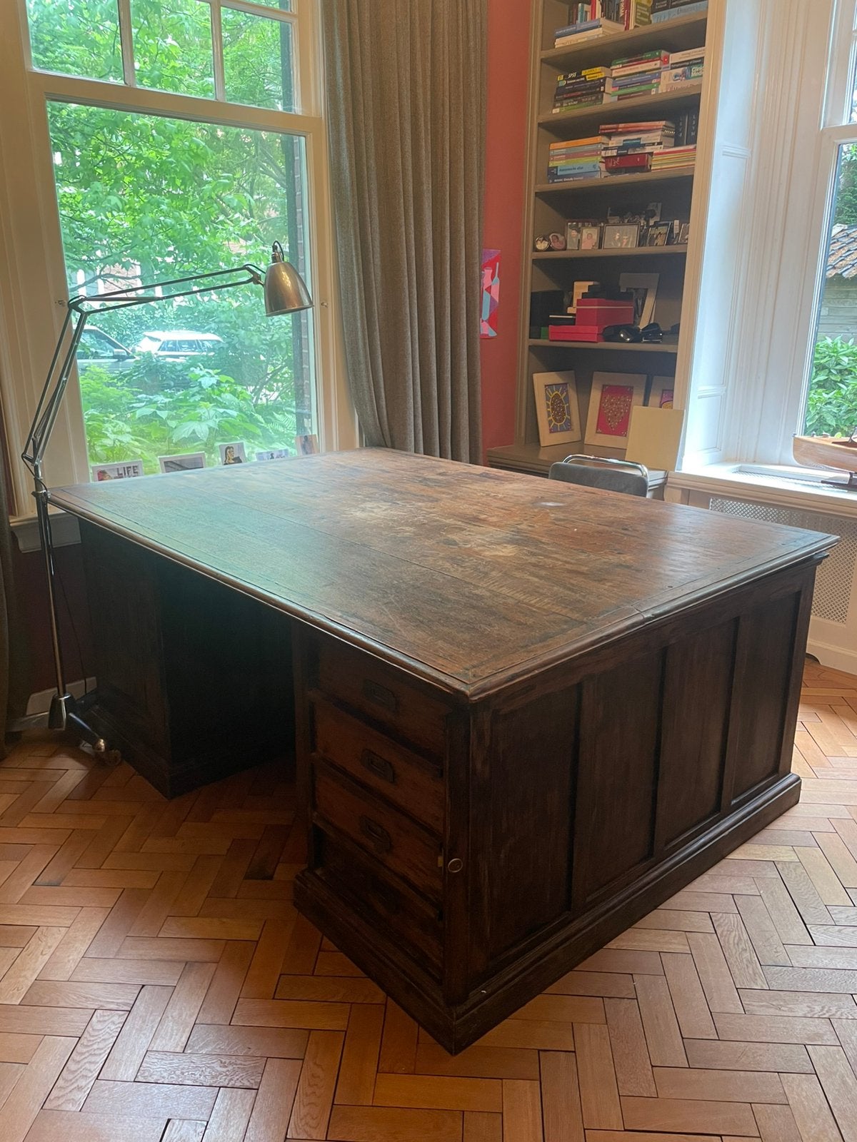 Teak houten dubbel bureau, Ophalen