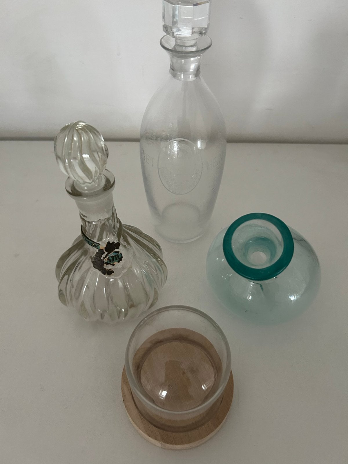Set van 4 vintage glazen flessen en stolp, Ophalen of Verzenden