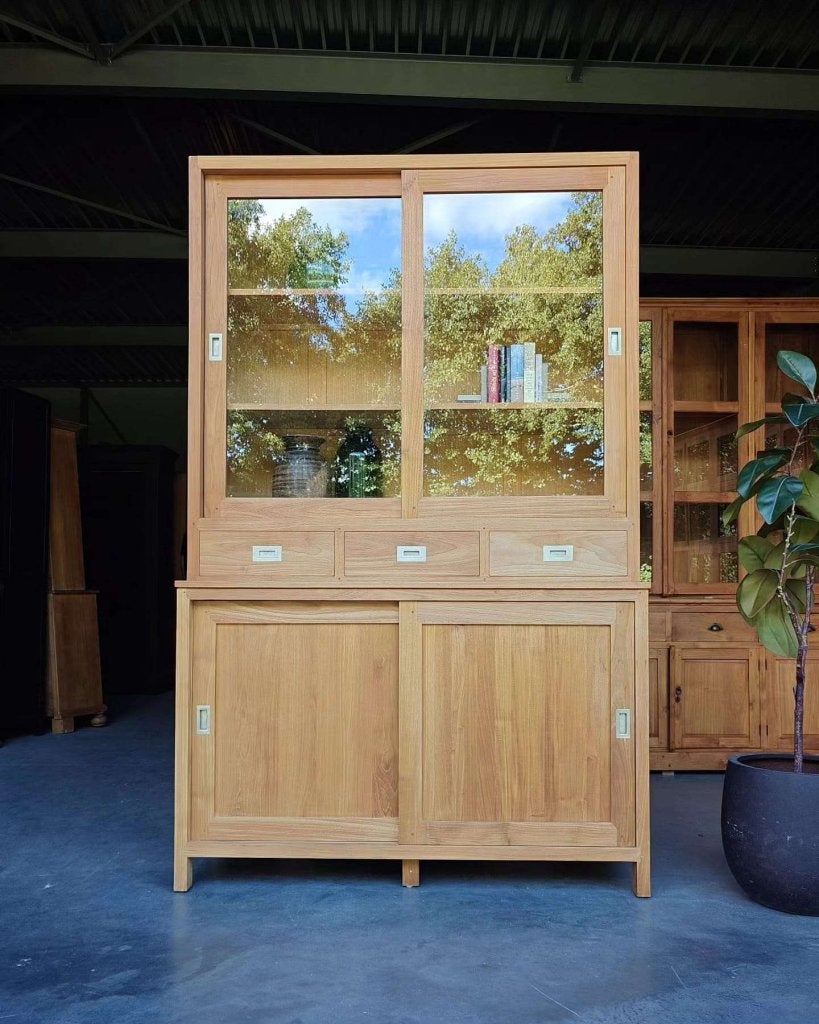 Mooie grote teakhouten servieskast | Vitrinekast| Teak #5638, Gebruikt, 100 tot 150 cm, -, 200 cm of meer