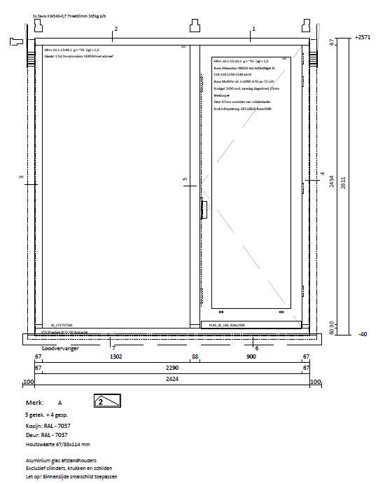 Nieuw gevelkozijn met buitendeur en glas – 2424  2611 mm, Doe-het-zelf en Verbouw, Kozijnen en Schuifpuien, Ophalen, Nieuw, Inclusief glas