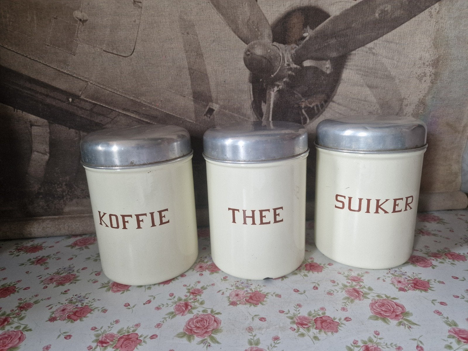 creme emaille koffie thee suiker bussen, Antiek en Kunst, Antiek | Emaille, Ophalen of Verzenden