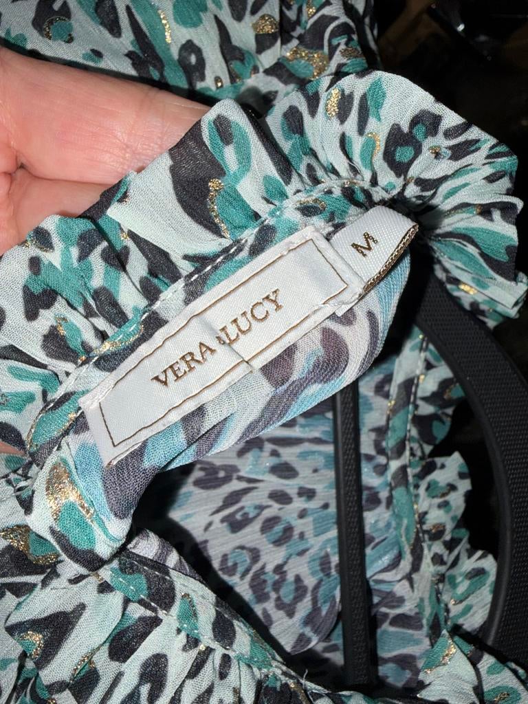 Vera Lucy Blouse met Luipaardprint en Ruches - Maat M, Ophalen of Verzenden, Nieuw, Maat 38/40 (M), Groen