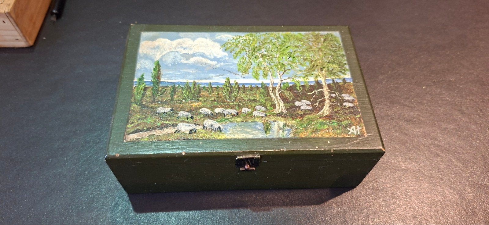 Decoratieve houten sigaretten kistje met landschapsschilderi, Antiek en Kunst, Ophalen of Verzenden