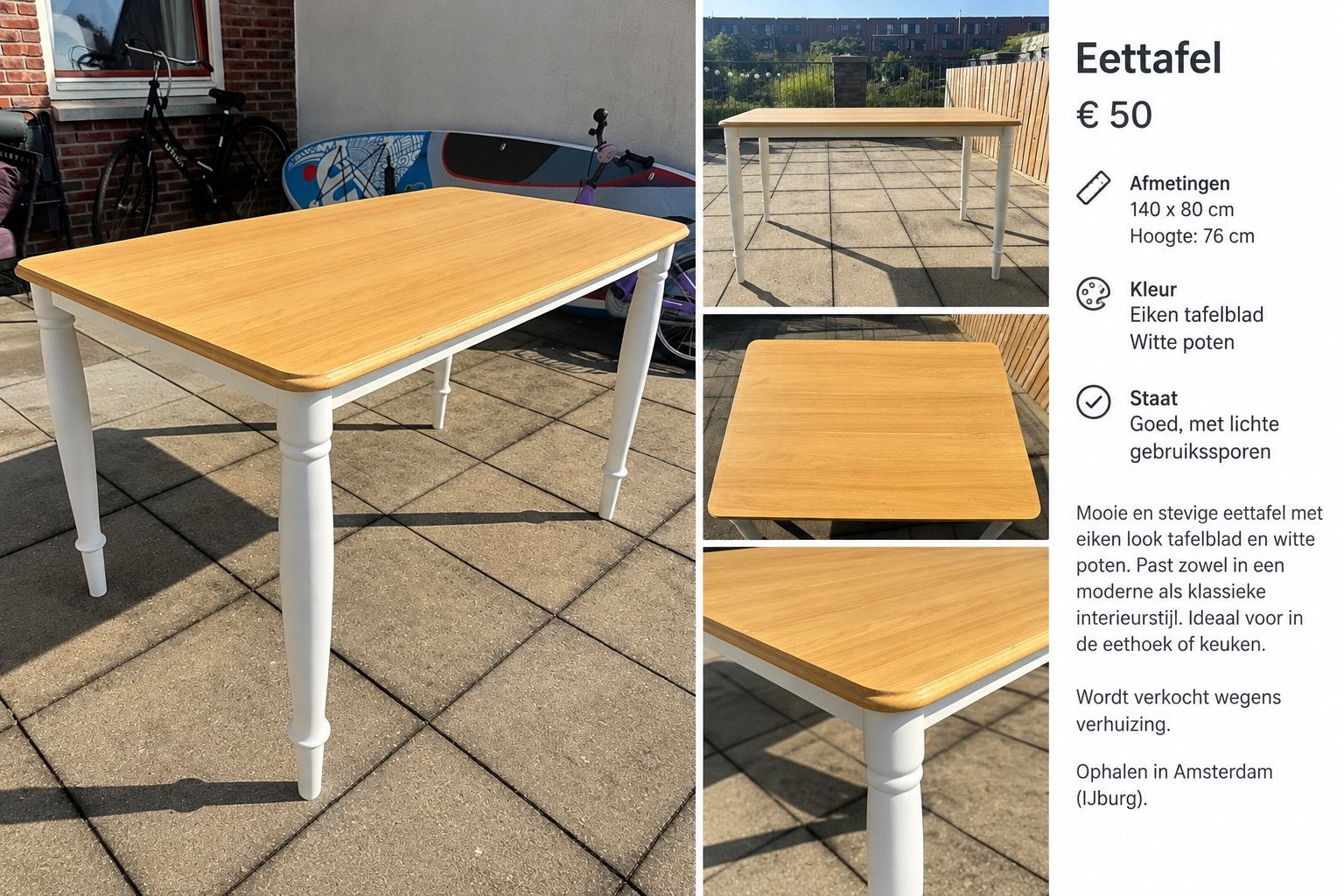 Eettafel met eiken blad en witte poten (140x80 cm), Huis en Inrichting, Ophalen, Gebruikt, 100 tot 150 cm, Eikenhout