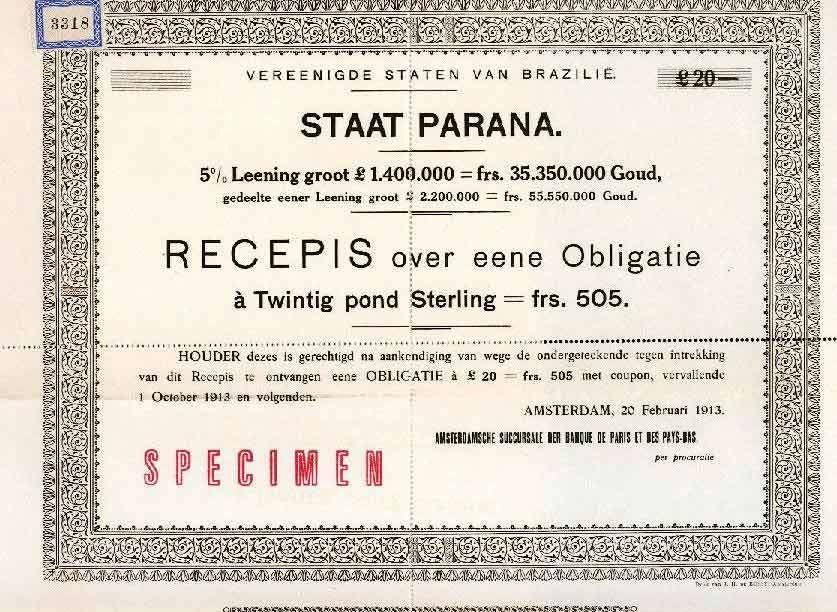 Staat Parana, Postzegels en Munten, Aandelen en Waardepapieren, Ophalen of Verzenden, Voor 1920, Overige typen