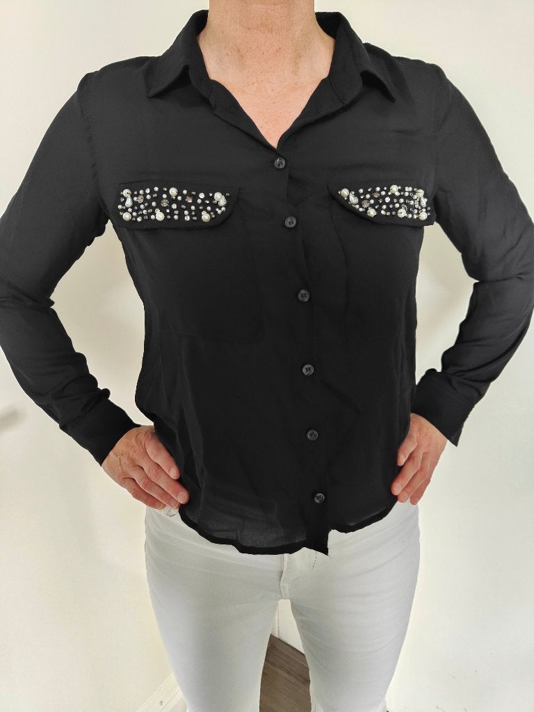 blouse doorschijnend zwart met parels wild western, Ophalen of Verzenden, Nieuw, Maat 36 (S), Zwart