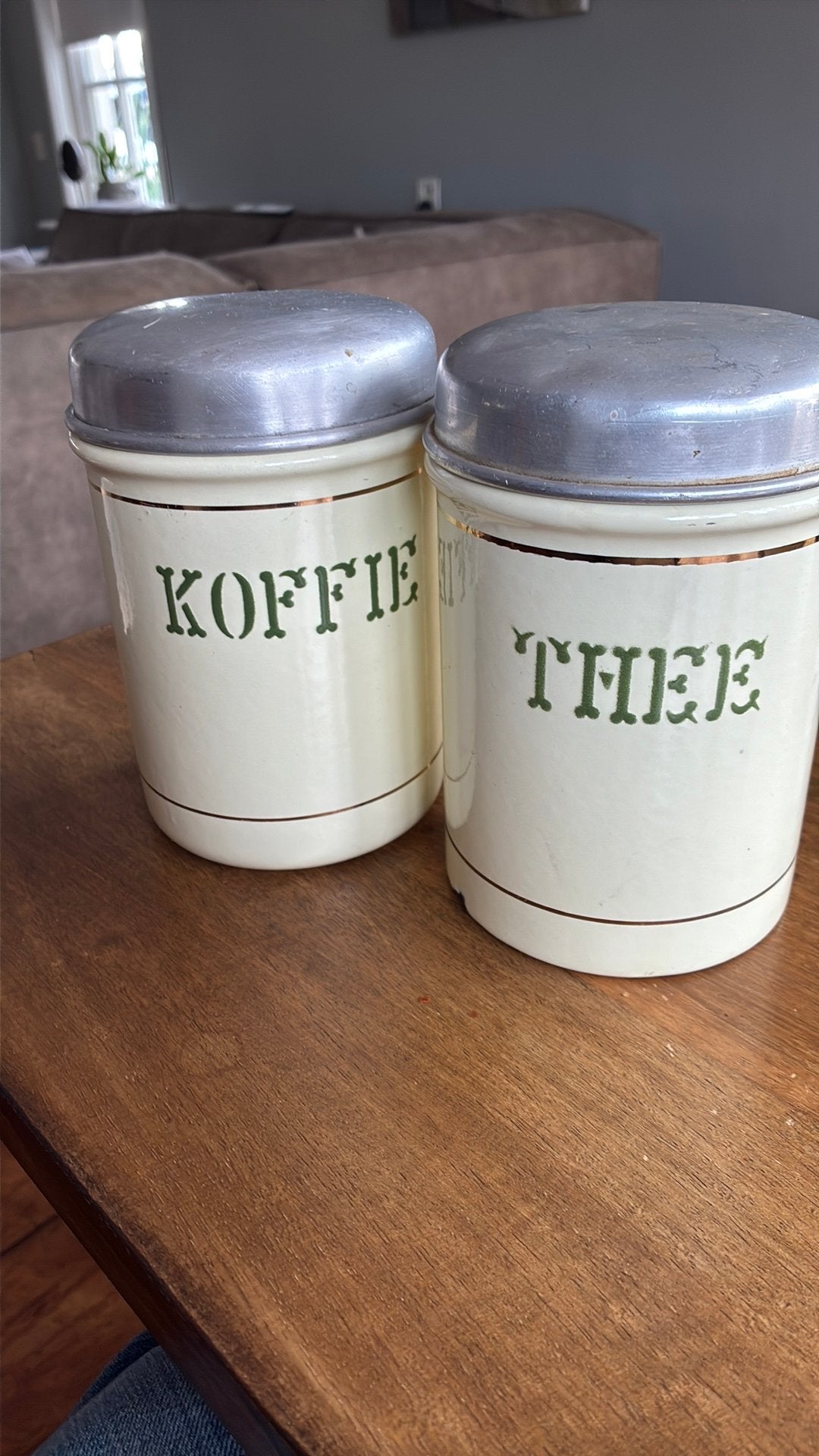 Emaille koffie en thee bussen, Antiek en Kunst, Ophalen of Verzenden