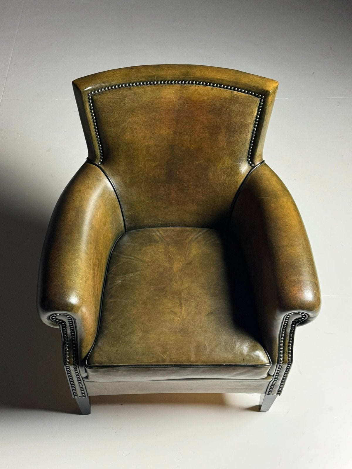 Schapenleren clubfauteuil groen bruin klassiek, Ophalen, Zo goed als nieuw, 75 tot 100 cm