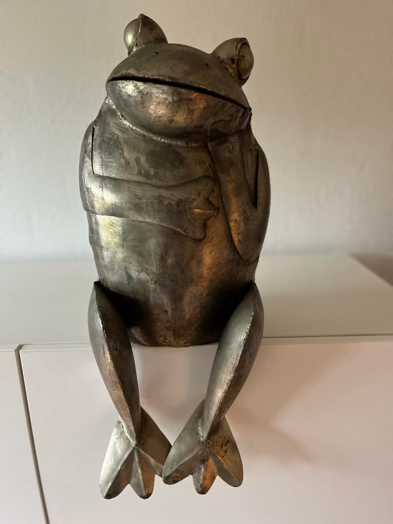 Zittende metalen kikker, zilverkleurig, Ophalen of Verzenden, Gebruikt, Zilver, Metaal
