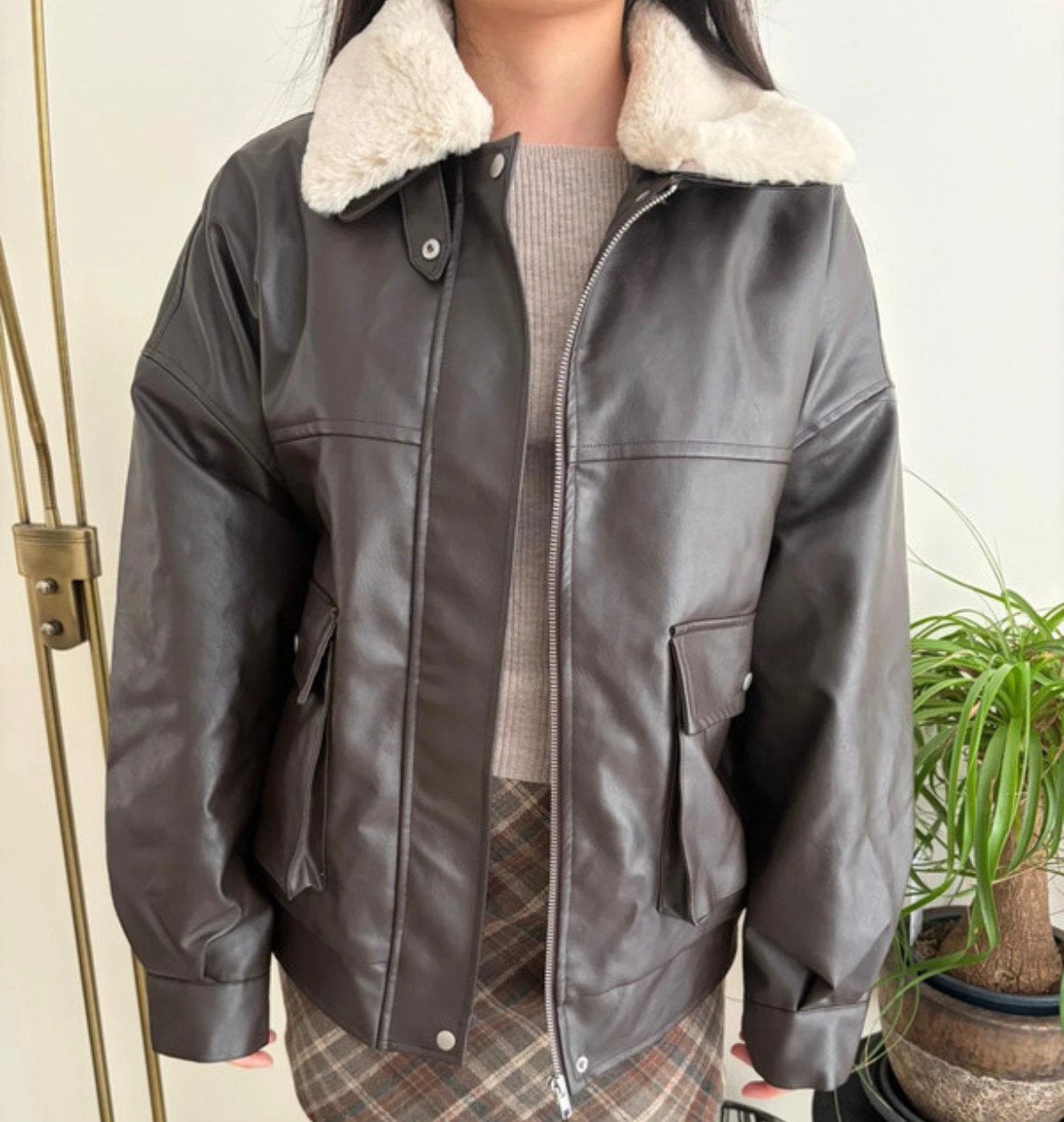 Faux leather blouson jacket with fur tippet (removable) M, Ophalen of Verzenden, Nieuw, Maat 46 (S) of kleiner, Bruin