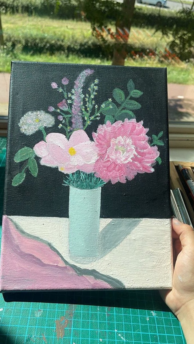 Handgeschilderd bloemstilleven op canvas, Acrylverf, Handgeschilderd, Ophalen of Verzenden, Bloemen