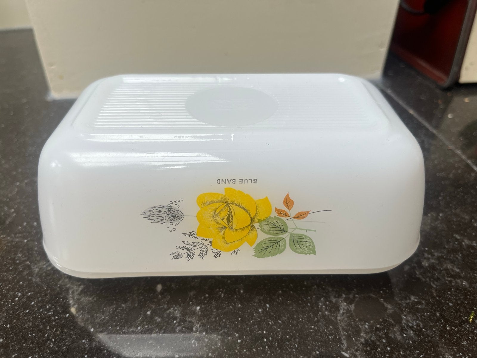 Vintage Blue Band botervloot met bloemmotief, Ophalen