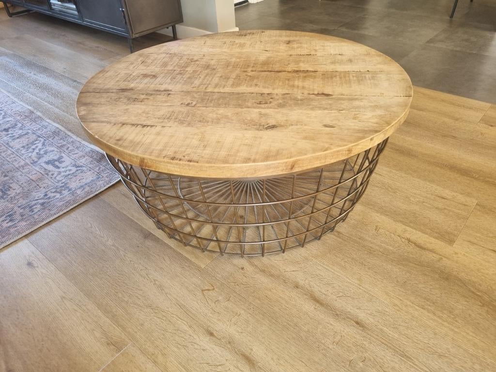 Ronde salontafel met houten blad en metalen onderstel, Huis en Inrichting, Tafels | Salontafels, Ophalen