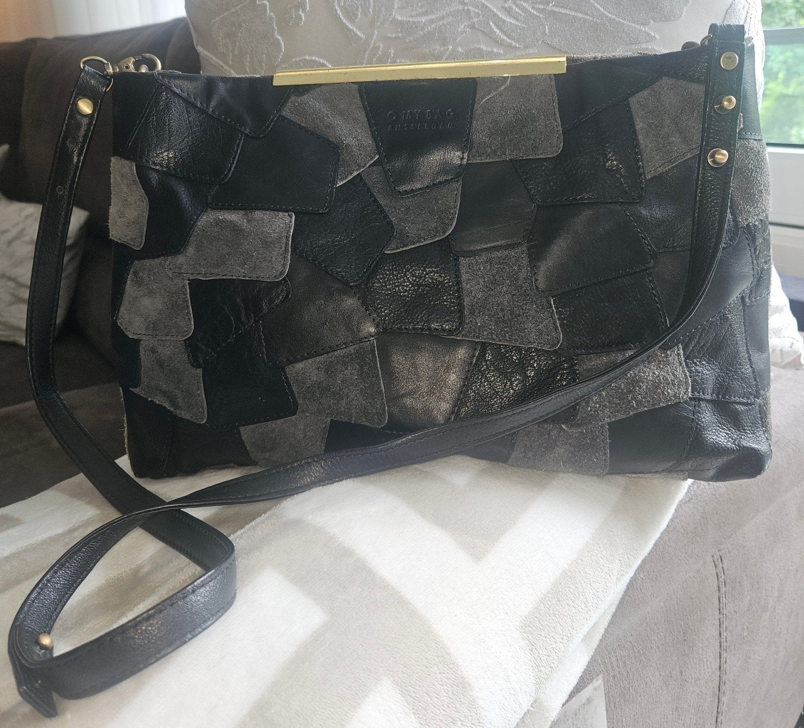 originele O My Bag Amsterdam Lederen leren Patchwork Schoude, Ophalen, Zo goed als nieuw, Zwart, Leer