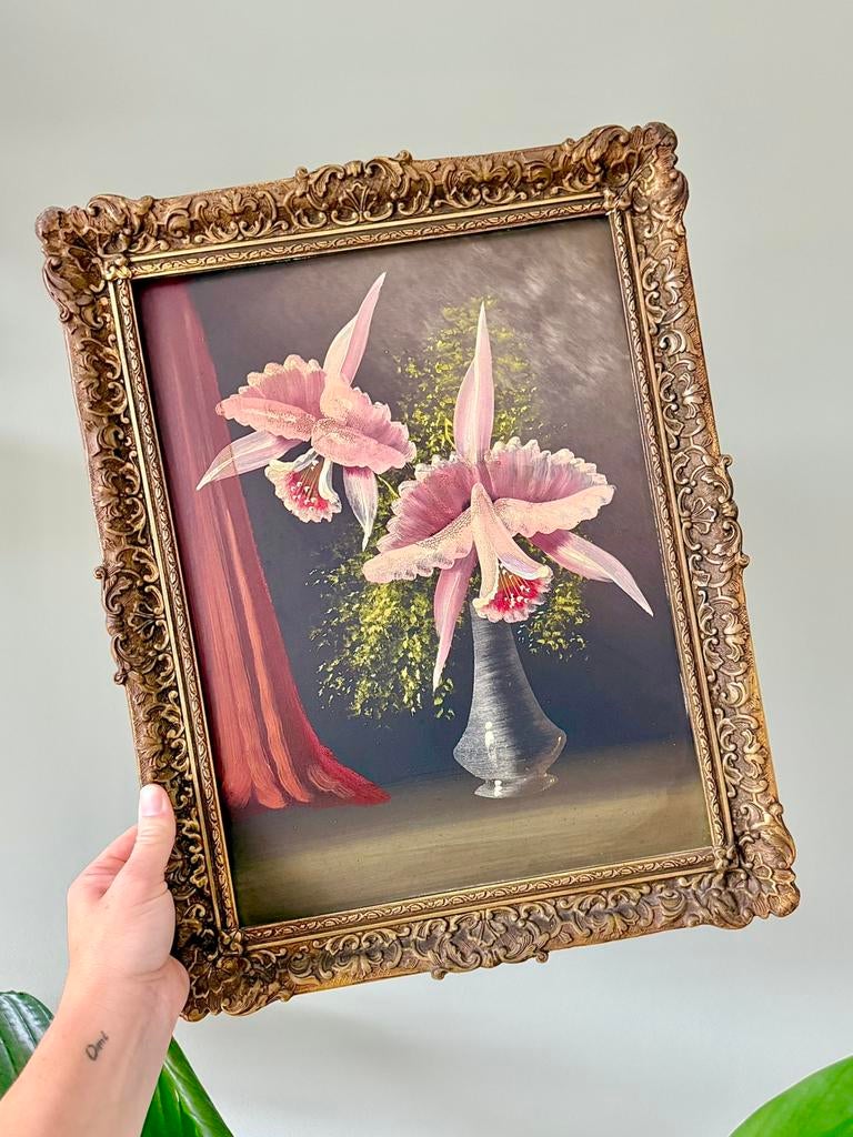 Vintage barok olieverf paneel-schilderij orchideeën bloemen, Antiek en Kunst, Kunst | Schilderijen | Klassiek, Ophalen of Verzenden