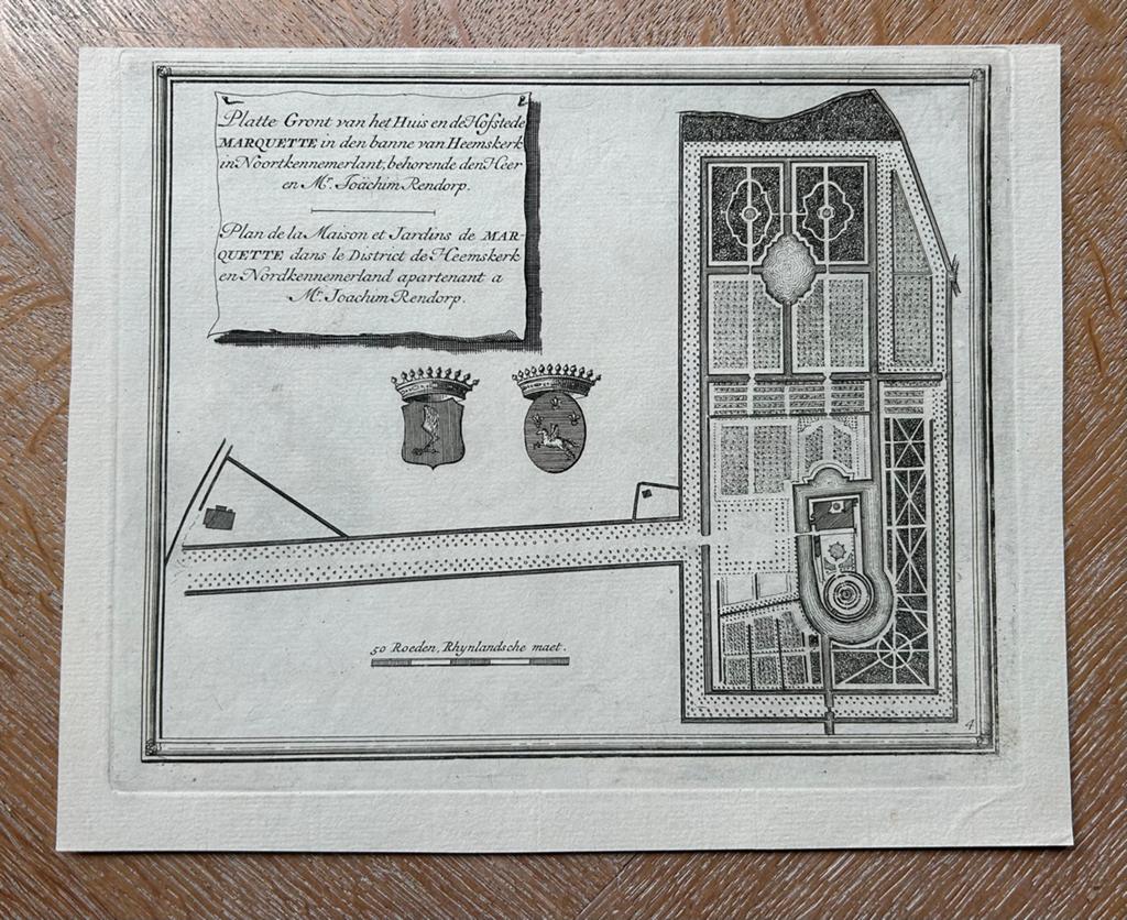Gravure Chateua Marquette Heemskerk 18 e eeuw, Antiek en Kunst, Kunst | Etsen en Gravures, 18 cm, Architectuur, 22 cm, Ophalen of Verzenden