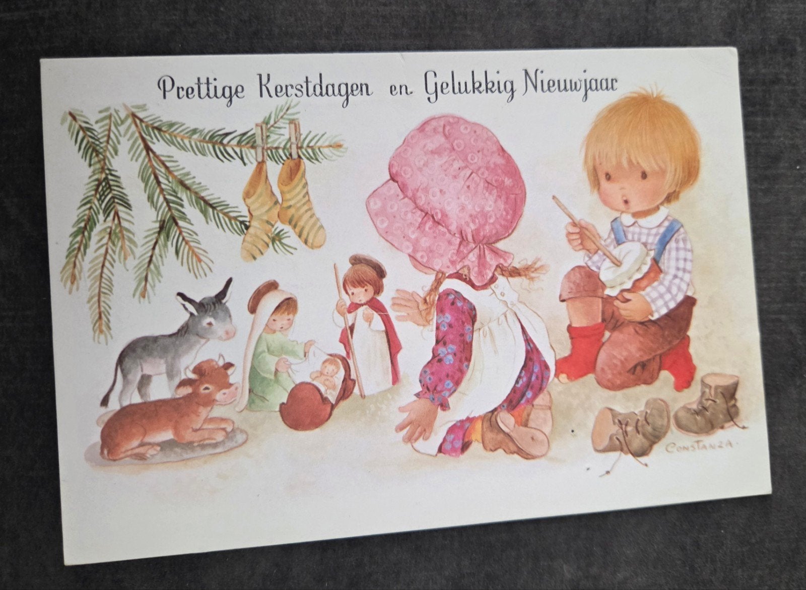 Vintage Kerstkaart - Kinderen en kerststal, Verzenden, 1960 tot 1980, Gelopen, Feest(dag)
