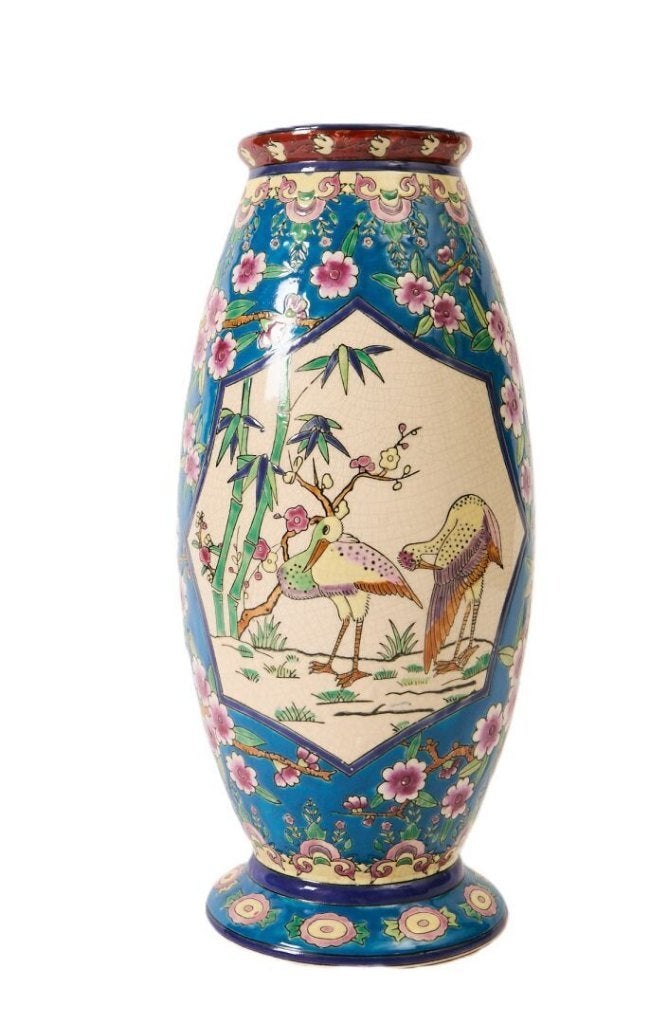 Grote balustervaas met polychroom geëmailleerd bloemendecor, Antiek en Kunst, Antiek | Vazen, Ophalen