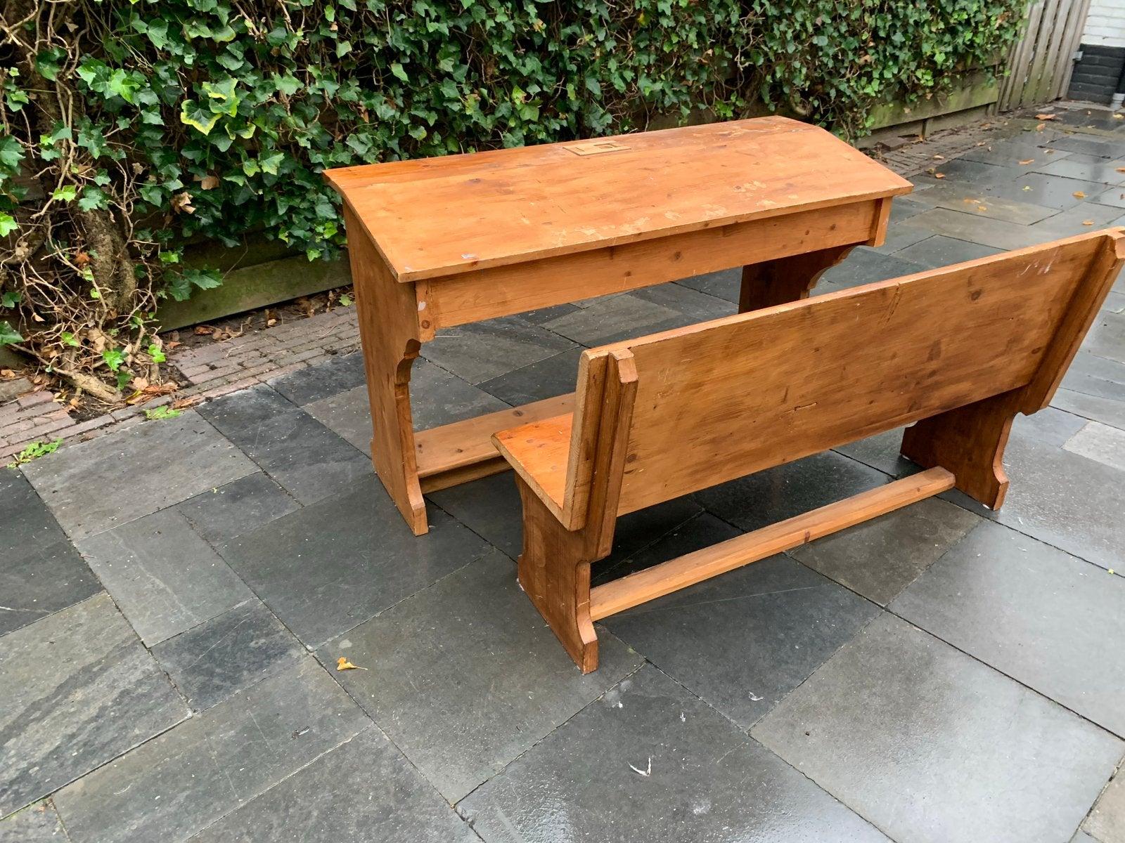 Vintage houten schoolbank met bankje, Ophalen