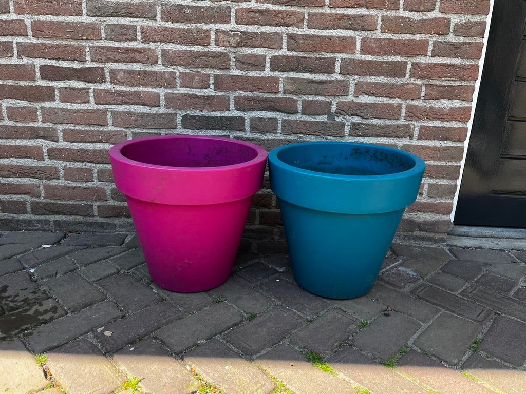 Set van 2 Elho bloempotten - roze en blauw, Ophalen, Kunststof, Gebruikt, Rond