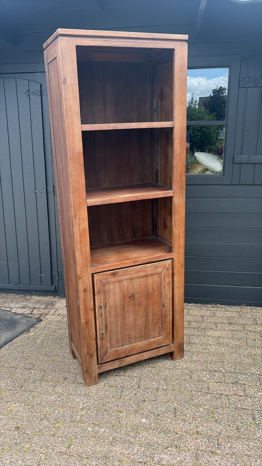 Acacia houten kast met deurtje en planken, Ophalen, Gebruikt, Minder dan 150 cm, 150 tot 200 cm