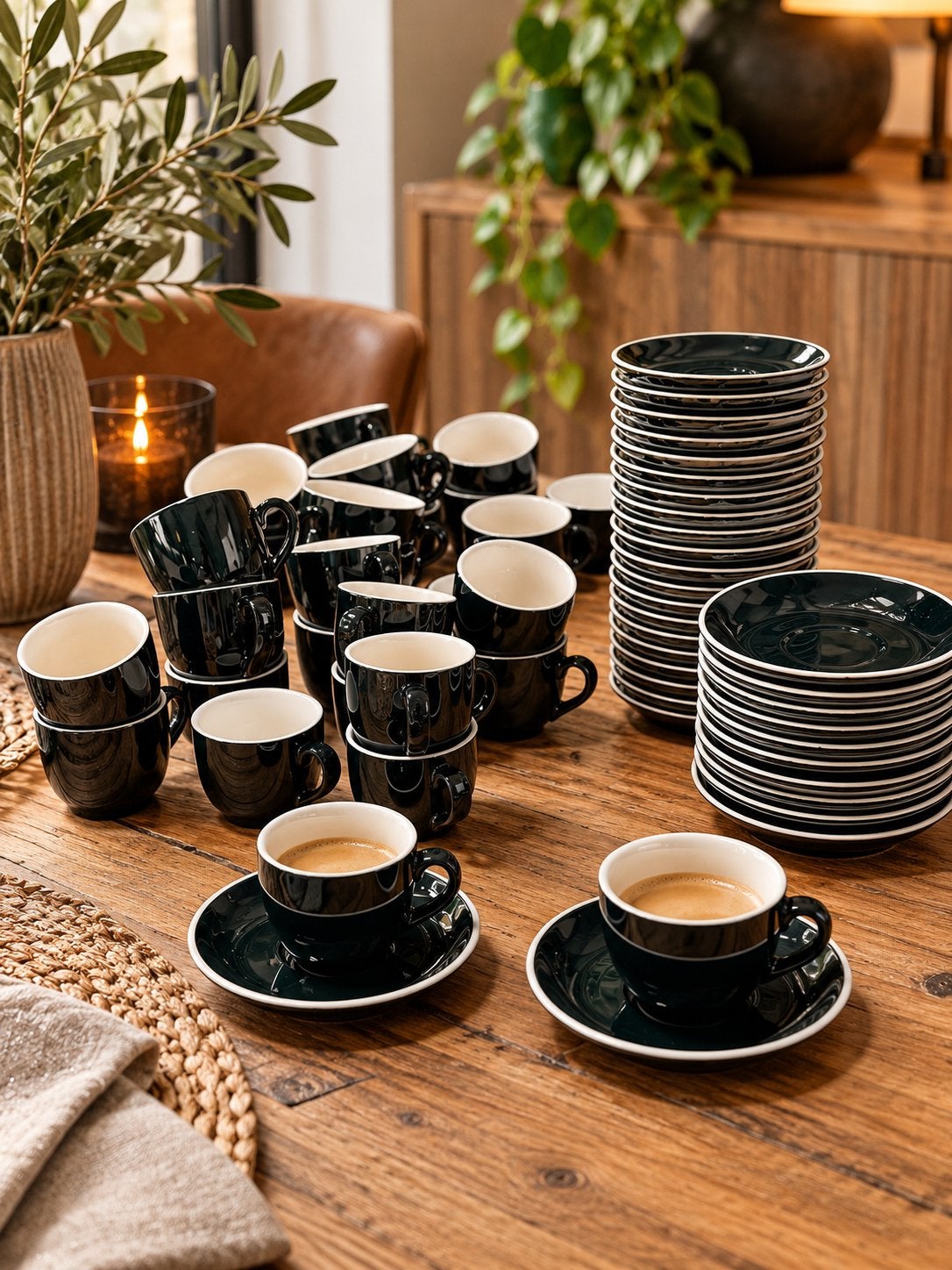 Espresso en cappuccino kopjes met schotels hoogglans zwart, Gebruikt, Overige merken, Keramiek, ?