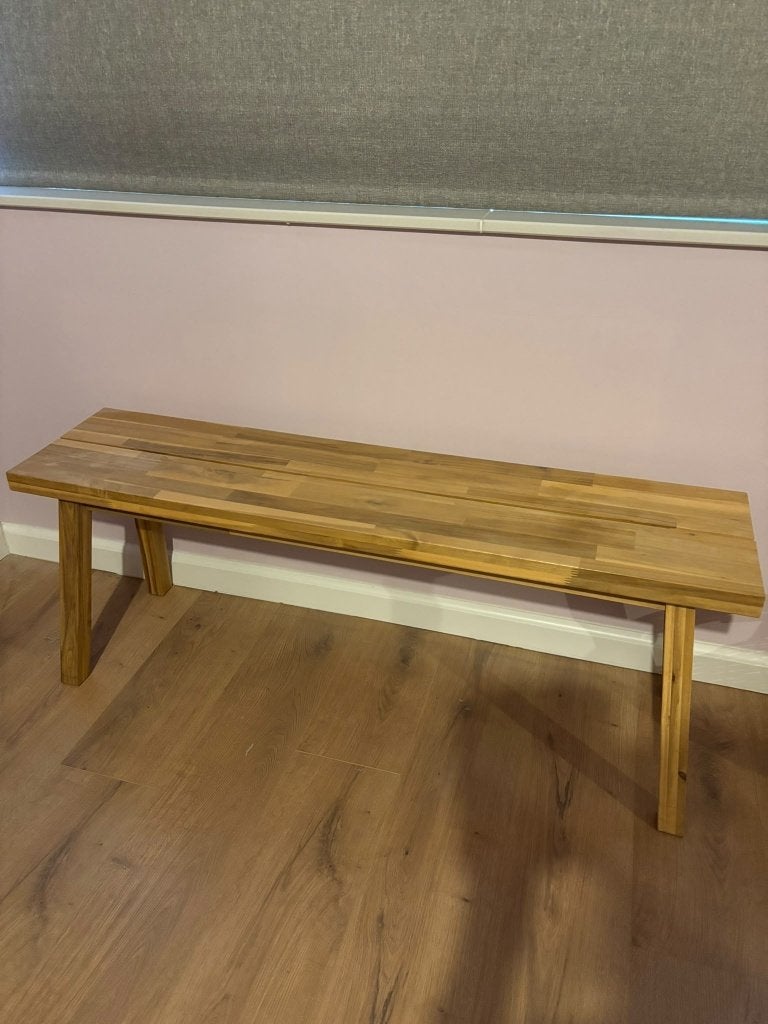 IKEA SKOGSTA bankje 120 cm (massief acaciahout), Huis en Inrichting, Ophalen, Bruin, Zo goed als nieuw, Eén