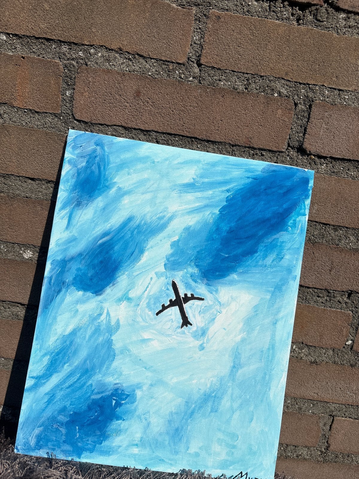 Vliegtuig in de wolken - Handgeschilderd schilderij, Acrylverf, Overig onderwerp, Handgeschilderd, Ophalen of Verzenden
