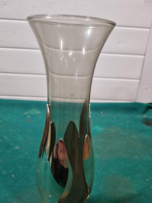 vaas met metalen houder rook glas jaren 50, Ophalen of Verzenden
