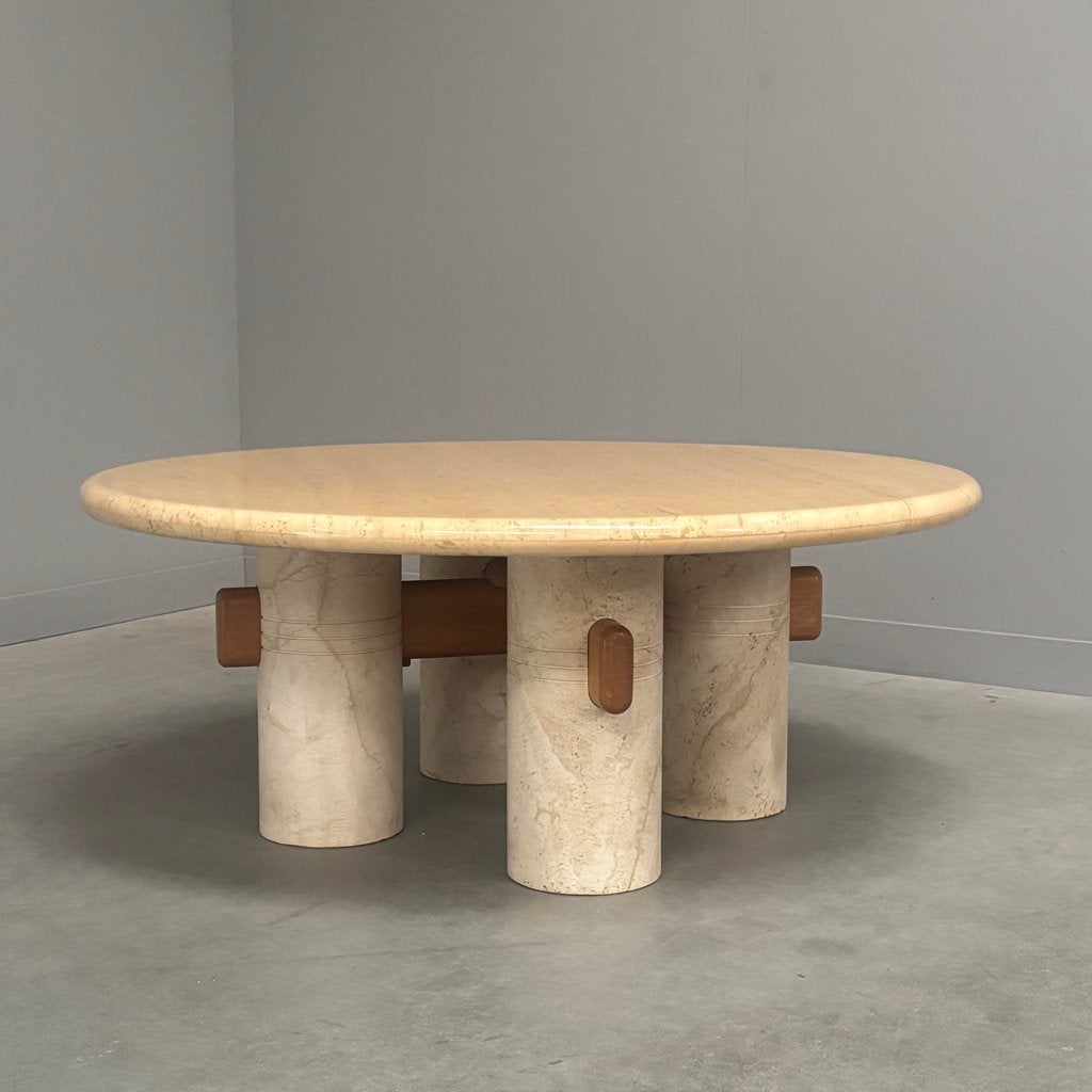 Vintage travertijn salontafel jaren 60 70 koffietafel, Ophalen, Gebruikt, Rond, 5 – 50