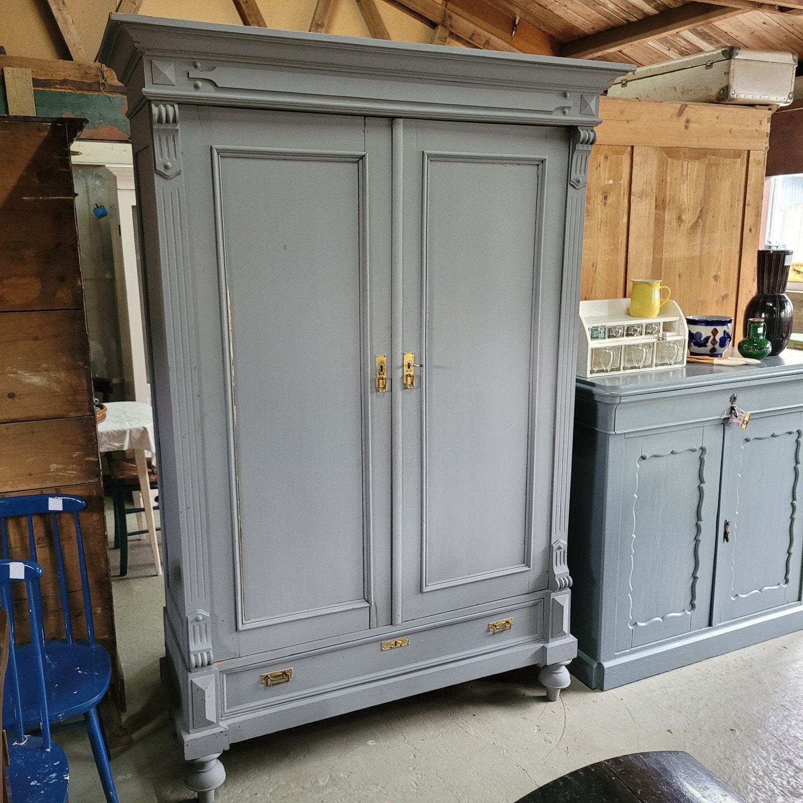 Brocante oude demontabele grijze hang/legkast kledingkast, Antiek en Kunst, Ophalen