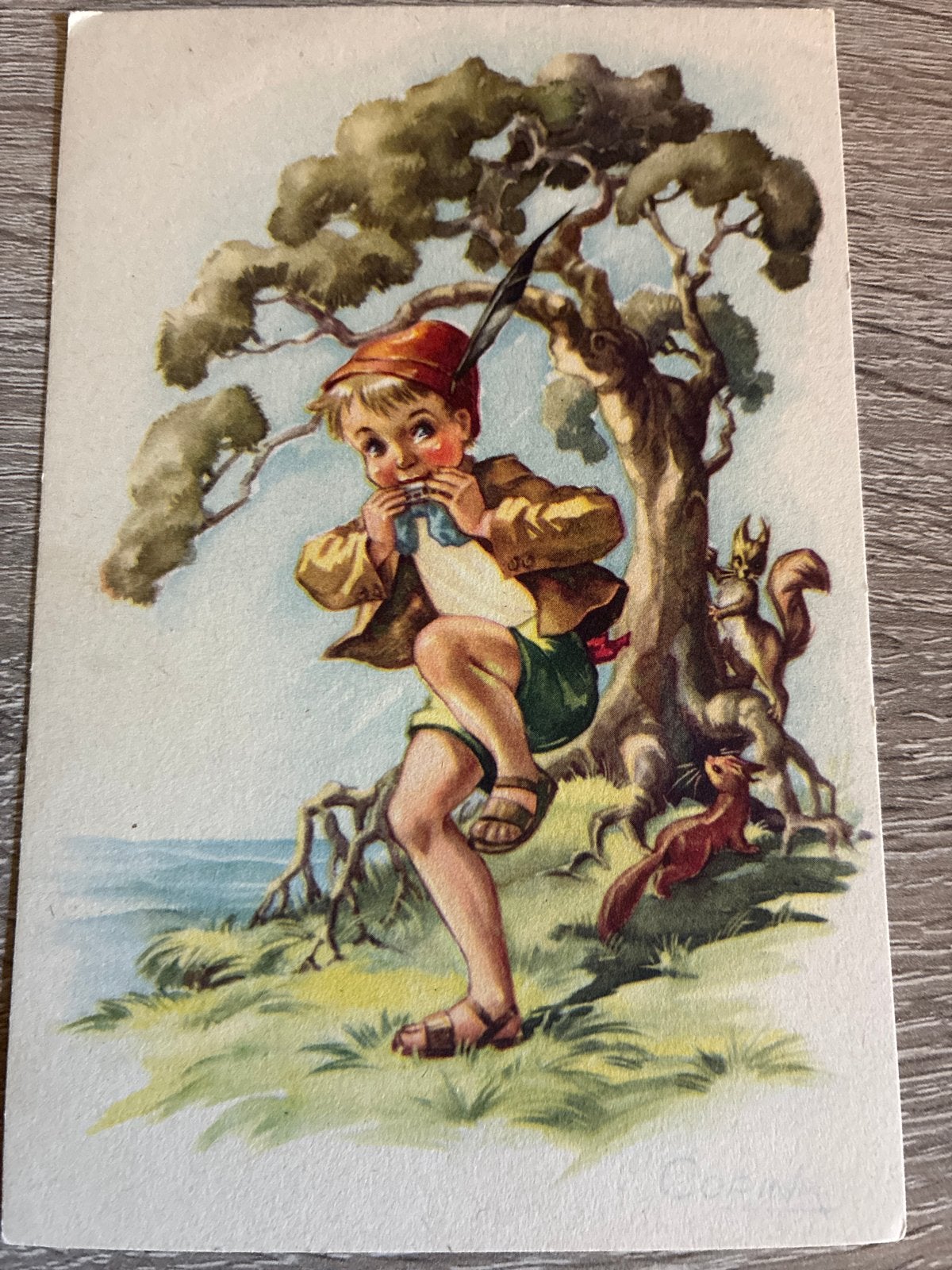 Vintage Ansichtkaart: Jongen met eekhoorns Corina getekend, Ophalen of Verzenden, 1940 tot 1960, Ongelopen