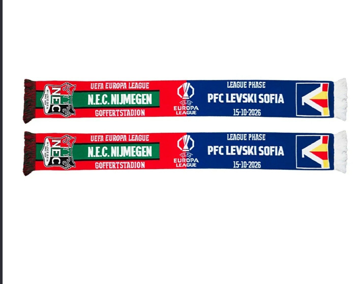 Gezocht: Sjaal NEC - Levski Sofia, Verzamelen, Ophalen of Verzenden, Zo goed als nieuw, Overige binnenlandse clubs, Vaantje of Sjaal