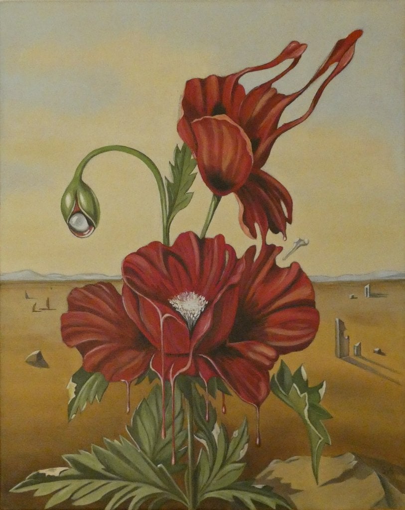 Surrealistische Papaver in Woestijnlandschap, Antiek en Kunst, Ophalen, Handgeschilderd, Olieverf, Overige materialen