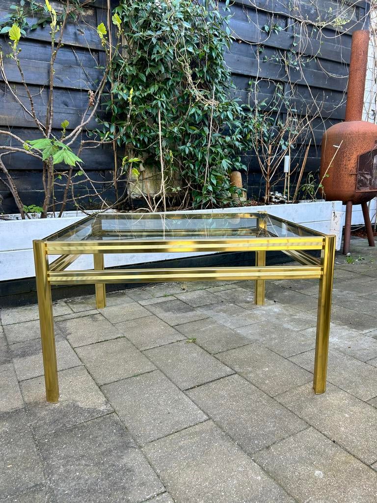 Hollywood Regency Salontafel - Messing & Glas - Vintage, Ophalen, Gebruikt, Vierkant, 50 tot 100 cm