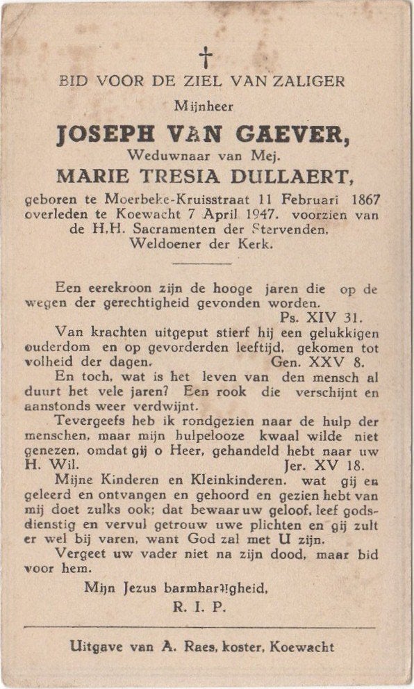 Joseph van Gaever 1867 Moerbeke-Kruisstraat + 1947 Koewacht, Verzenden