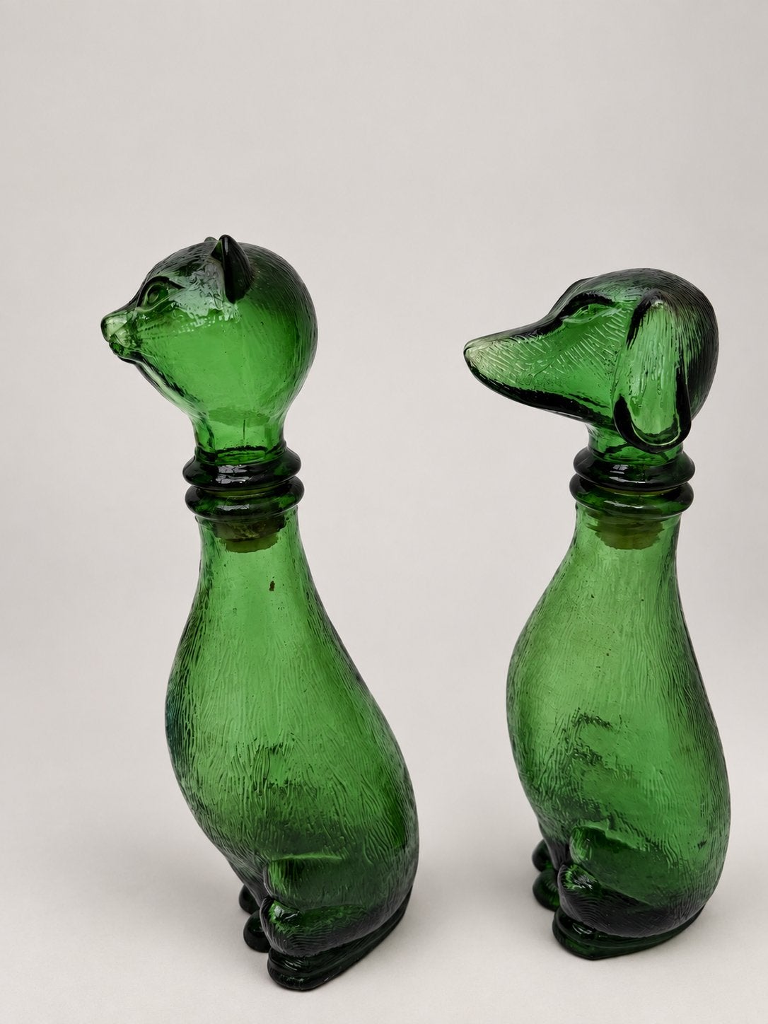 Vintage Groene Glazen Kat en Hond Karaffen/Flessen, Ophalen of Verzenden